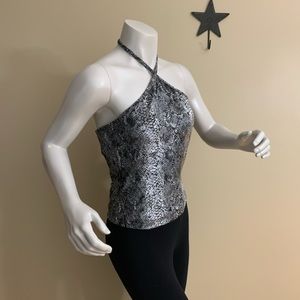 GUESS Blk/Silvr Velour Snake Halter Crop Top